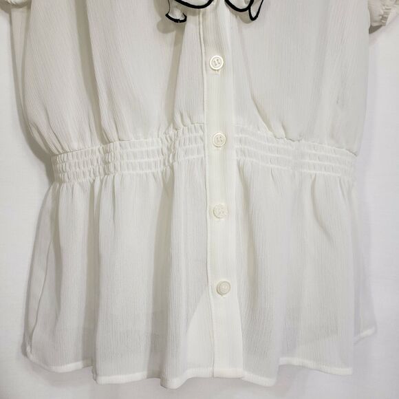 AGB Womens Top Large Ivory Sheer Ruffle Accent Button Elastic Waist Blouse - Picture 6 of 10